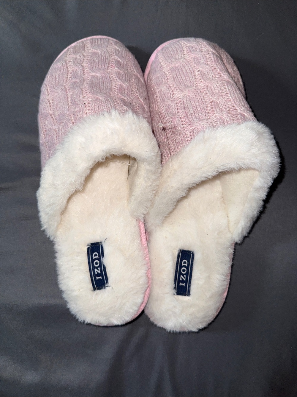 Izod Pink Cable-Knit Faux-Fur Lined Slip-On Slippers